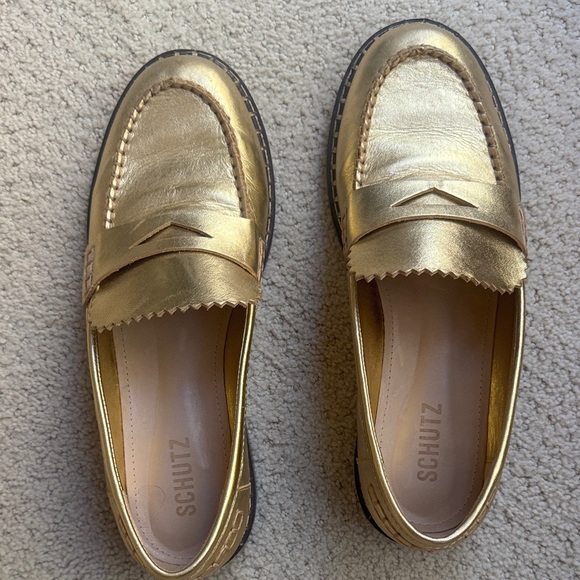 SCHUTZ Metallic Gold Loafers - Picture 1 of 5